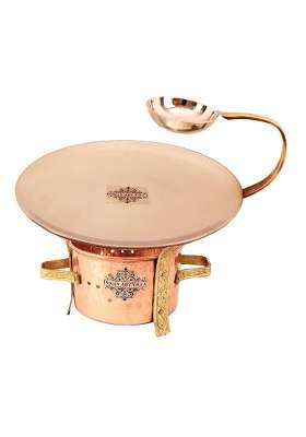 INDIAN ART VILLA Pure Copper Set of Tawa Flat Griddle with Attach Bowl and Angithi Sigdi with Brass Stand | 8 Inch | 2-Piece Set