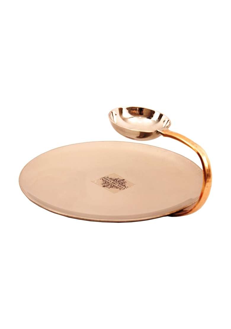 INDIAN ART VILLA Pure Copper Set of Tawa Flat Griddle with Attach Bowl and Angithi Sigdi with Brass Stand | 8 Inch | 2-Piece Set - Indya