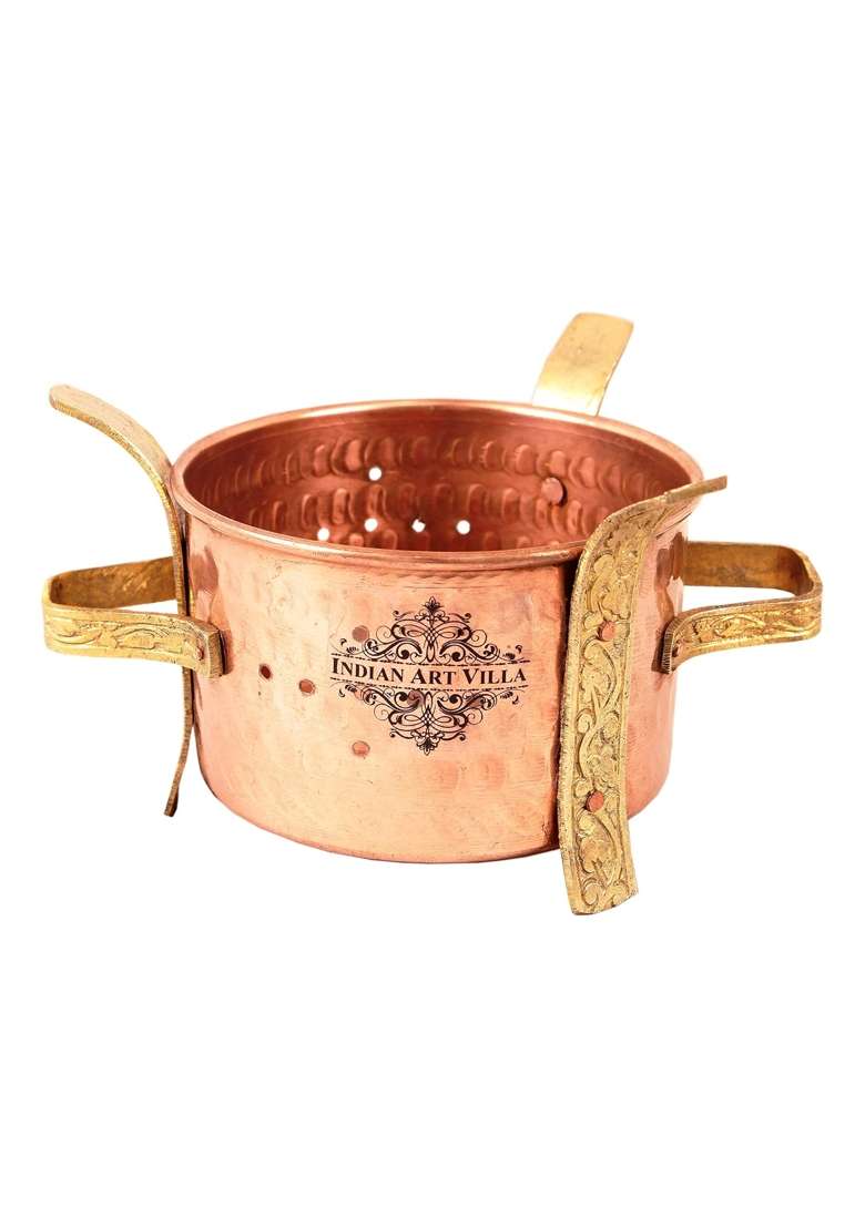 INDIAN ART VILLA Pure Copper Set of Tawa Flat Griddle with Attach Bowl and Angithi Sigdi with Brass Stand | 8 Inch | 2-Piece Set - Indya