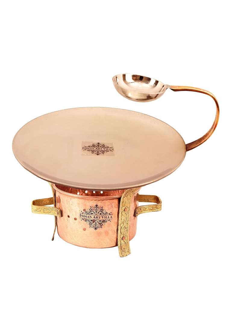 INDIAN ART VILLA Pure Copper Set of Tawa Flat Griddle with Attach Bowl and Angithi Sigdi with Brass Stand | 9 Inch | 2-Piece Set - Indya