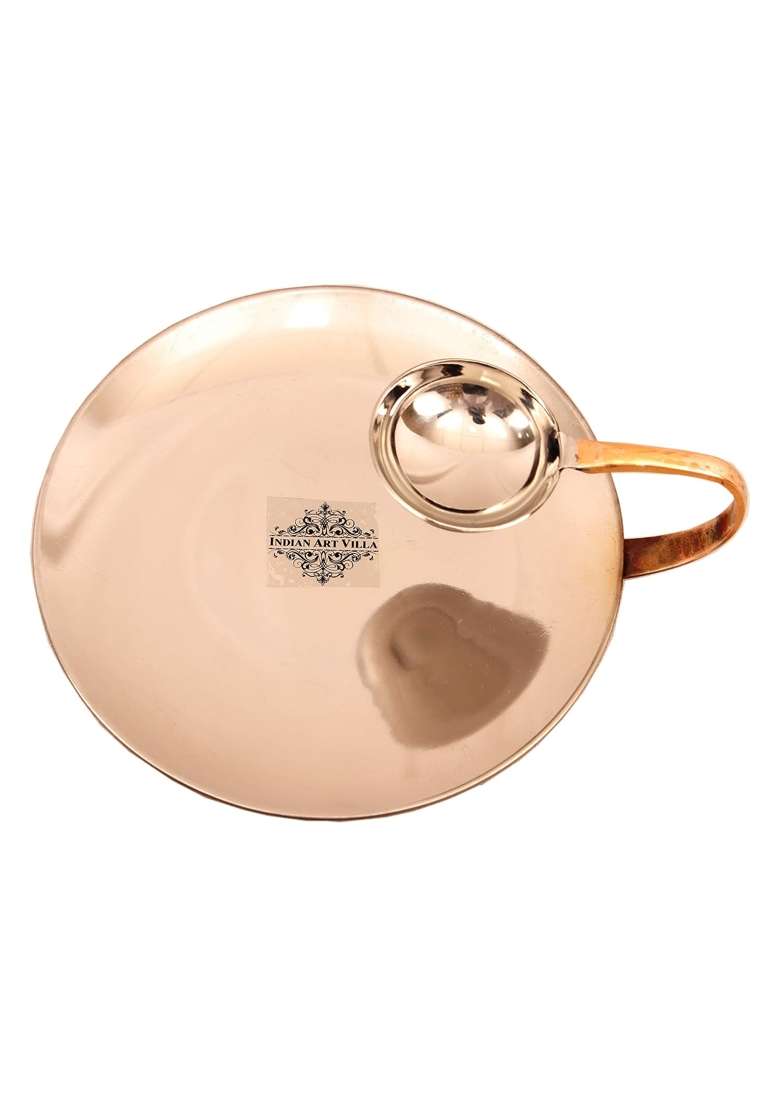 INDIAN ART VILLA Pure Copper Set of Tawa Flat Griddle with Attach Bowl and Angithi Sigdi with Brass Stand | 9 Inch | 2-Piece Set - Indya