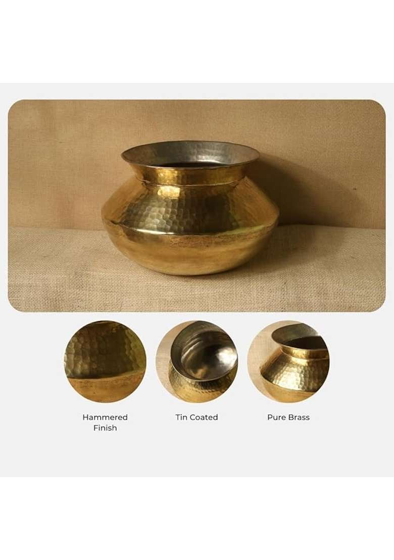 K.U.H.. Traditional Brass Handi Cooking Pot | 3 L | 3.2 Qt | Hammered Finish - Indya