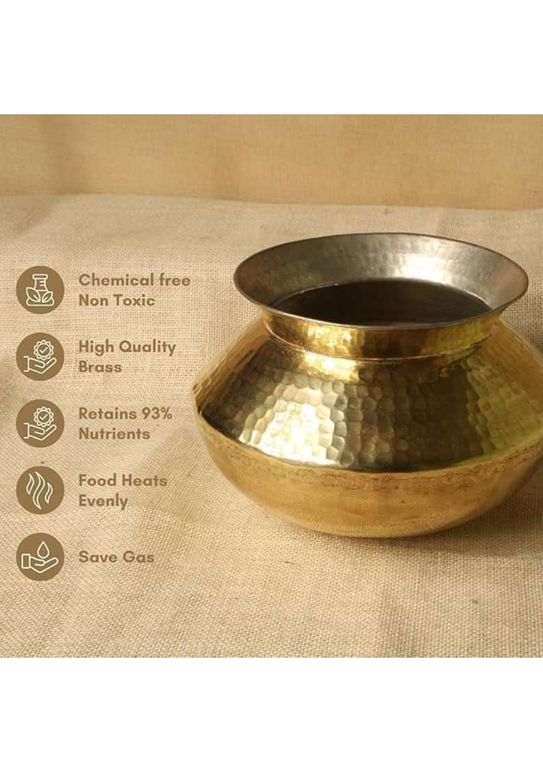 K.U.H.. Traditional Brass Handi Cooking Pot | 4 L | 4.2 Qt | Hammered Finish - Indya