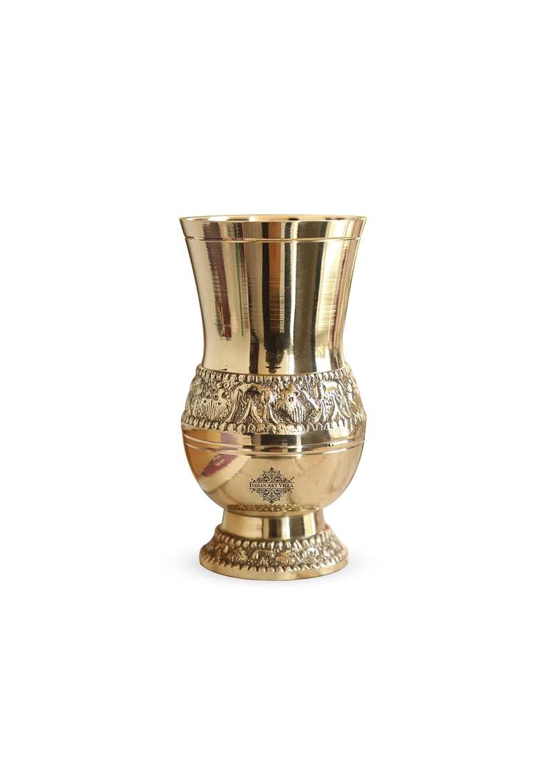 INDIAN ART VILLA Brass Glass Tumbler with Embossed Mughlai Goblet | 250 ml | 8.5 fl oz - Indya