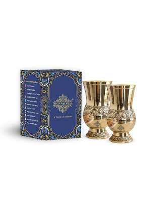 INDIAN ART VILLA Brass Glass Tumbler with Embossed Mughlai Goblet | 250 ml | 8.5 fl oz | Pack of 2