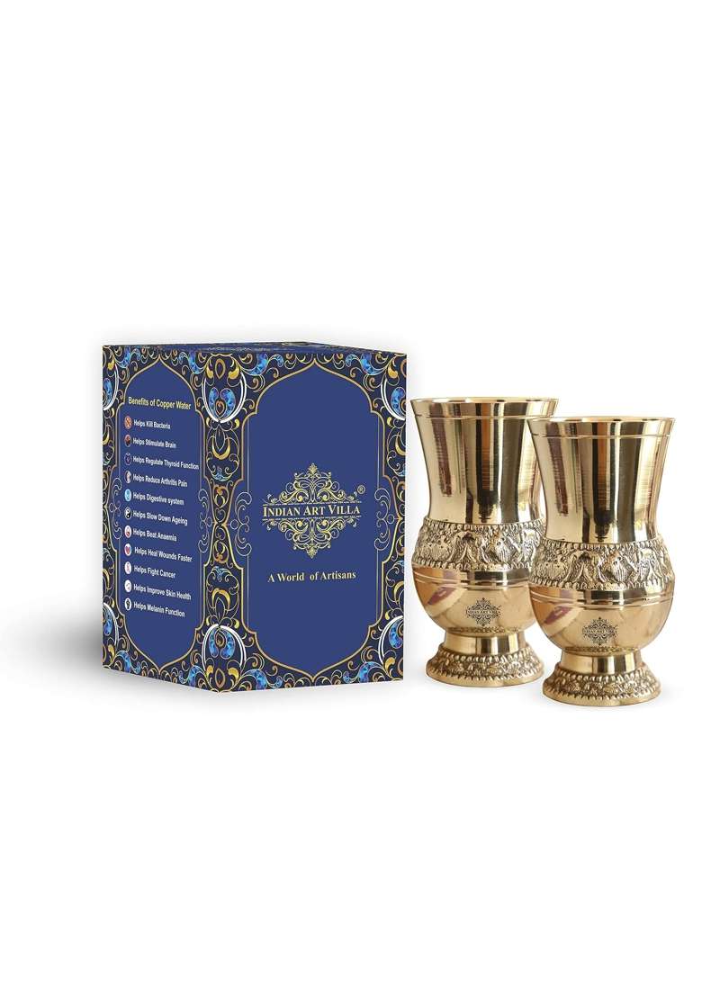 INDIAN ART VILLA Brass Glass Tumbler with Embossed Mughlai Goblet | 250 ml | 8.5 fl oz | Pack of 2 - Indya