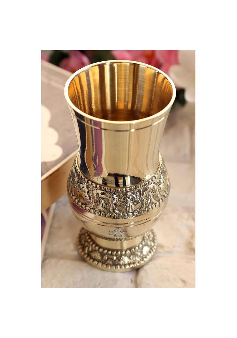INDIAN ART VILLA Brass Glass Tumbler with Embossed Mughlai Goblet | 250 ml | 8.5 fl oz | Pack of 2 - Indya