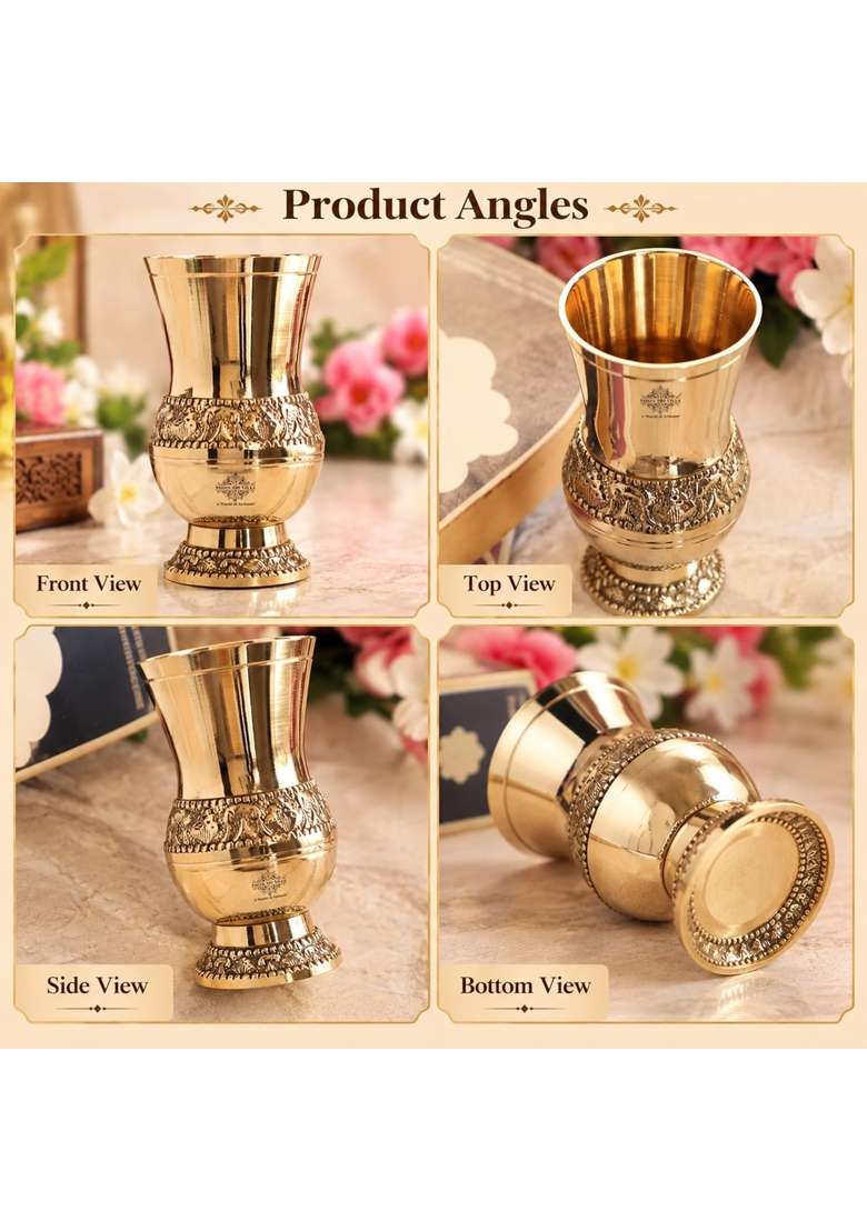 INDIAN ART VILLA Brass Glass Tumbler with Embossed Mughlai Goblet | 250 ml | 8.5 fl oz | Pack of 2 - Indya