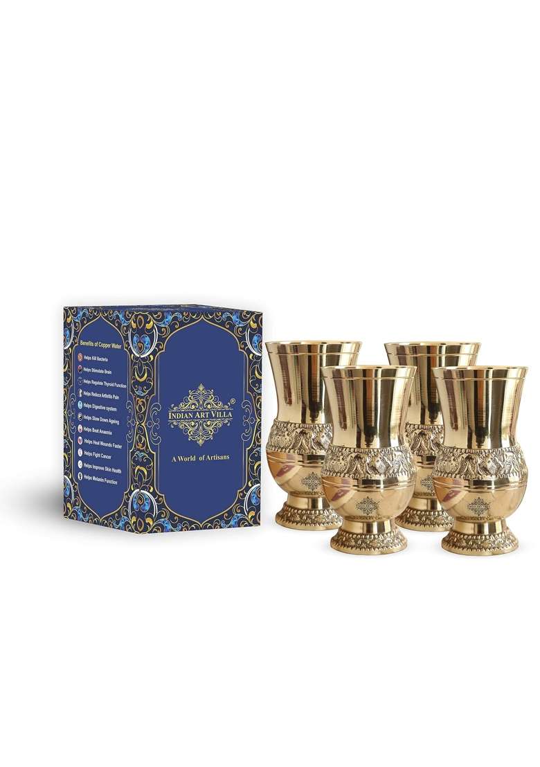 INDIAN ART VILLA Brass Glass Tumbler with Embossed Mughlai Goblet | 250 ml | 8.5 fl oz | Pack of 4 - Indya