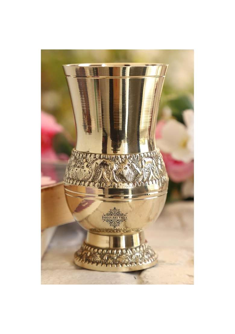 INDIAN ART VILLA Brass Glass Tumbler with Embossed Mughlai Goblet | 250 ml | 8.5 fl oz | Pack of 4 - Indya