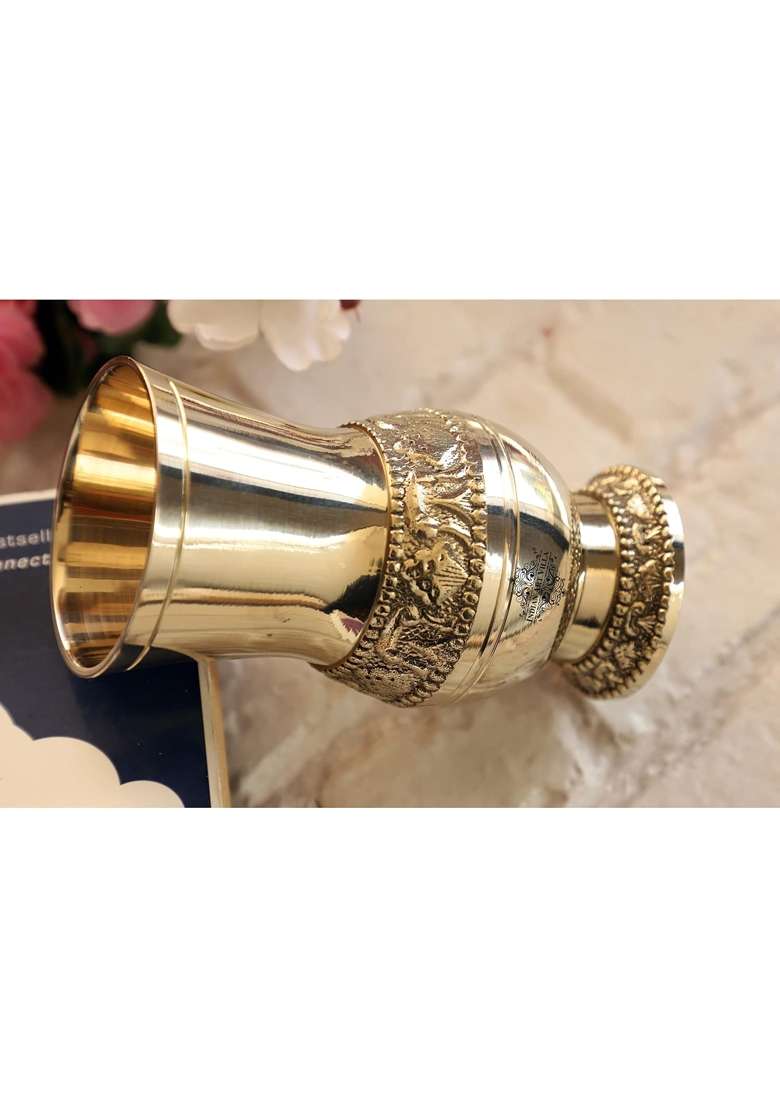 INDIAN ART VILLA Brass Glass Tumbler with Embossed Mughlai Goblet | 250 ml | 8.5 fl oz | Pack of 4 - Indya