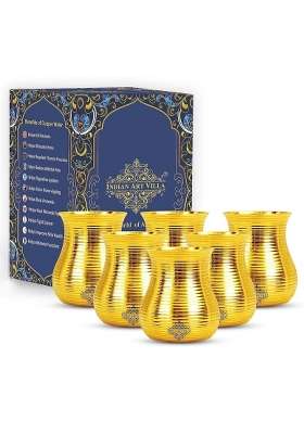 INDIAN ART VILLA Pure Brass Glass Tumbler with Curved Lining Design | 350 ml | 11.8 fl oz | 6-Piece Set
