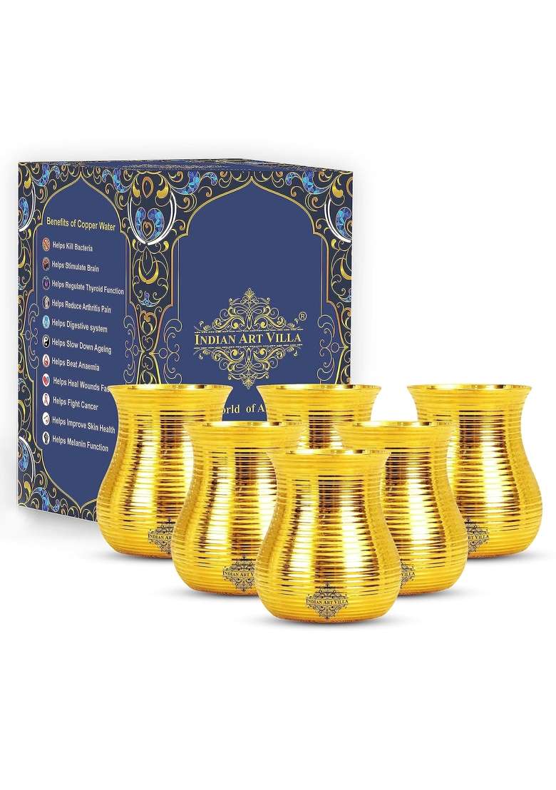 INDIAN ART VILLA Pure Brass Glass Tumbler with Curved Lining Design | 350 ml | 11.8 fl oz | 6-Piece Set - Indya