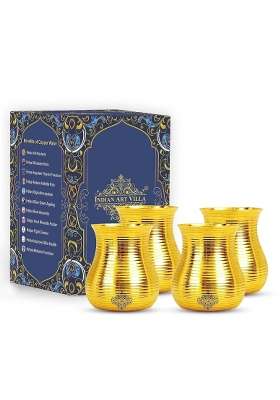 INDIAN ART VILLA Pure Brass Glass Tumbler with Curved Lining Design | 350 ml | 11.8 fl oz | 4-Piece Set