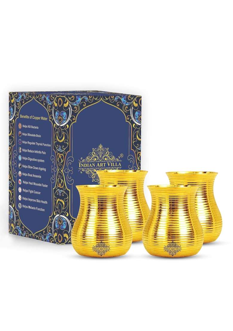 INDIAN ART VILLA Pure Brass Glass Tumbler with Curved Lining Design | 350 ml | 11.8 fl oz | 4-Piece Set - Indya