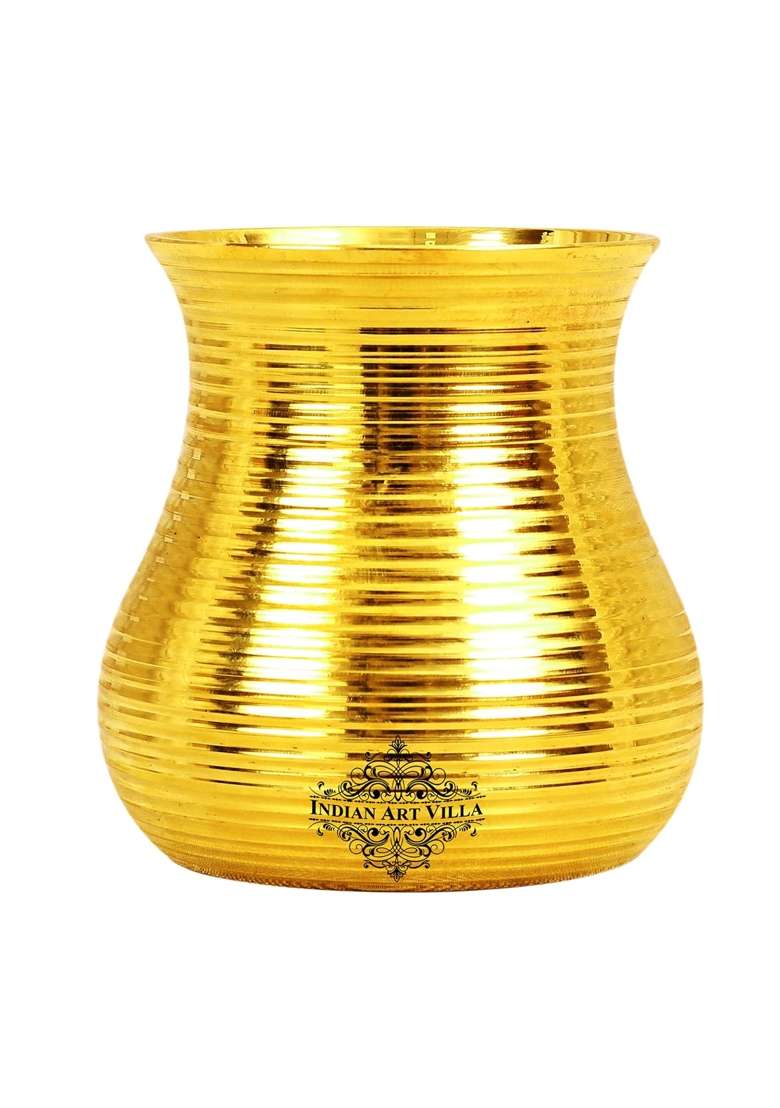 INDIAN ART VILLA Pure Brass Glass Tumbler with Curved Lining Design | 350 ml | 11.8 fl oz | 4-Piece Set - Indya