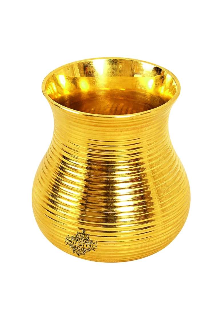 INDIAN ART VILLA Pure Brass Glass Tumbler with Curved Lining Design | 350 ml | 11.8 fl oz | 4-Piece Set - Indya