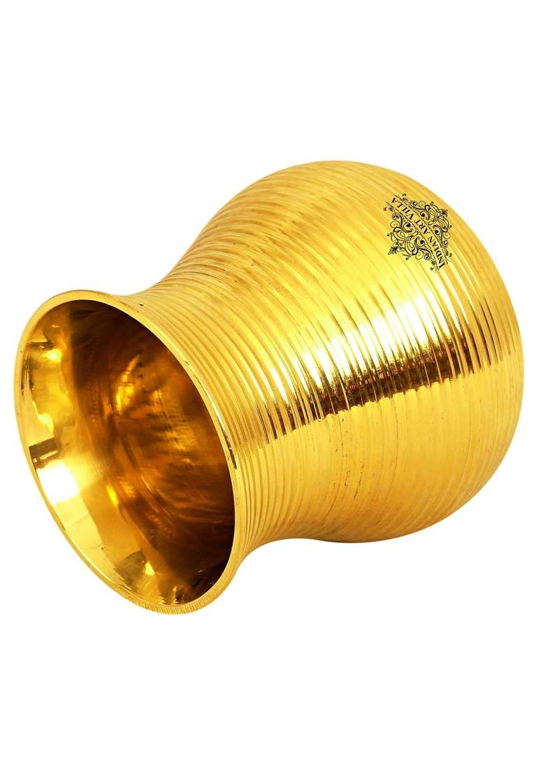 INDIAN ART VILLA Pure Brass Glass Tumbler with Curved Lining Design | 350 ml | 11.8 fl oz | 4-Piece Set - Indya