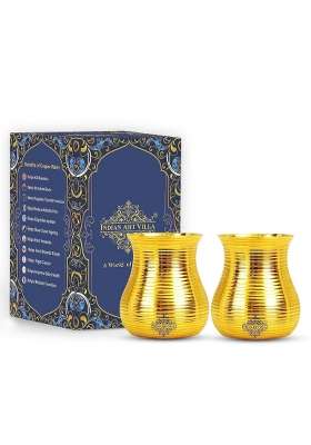 INDIAN ART VILLA Pure Brass Glass Tumbler with Curved Lining Design | 350 ml | 11.8 fl oz | 2-Piece Set