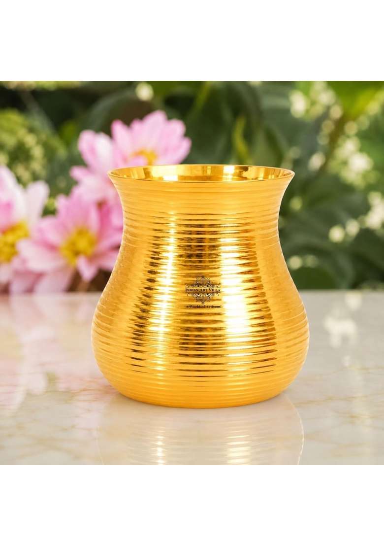 INDIAN ART VILLA Pure Brass Glass Tumbler with Curved Lining Design | 350 ml | 11.8 fl oz - Indya