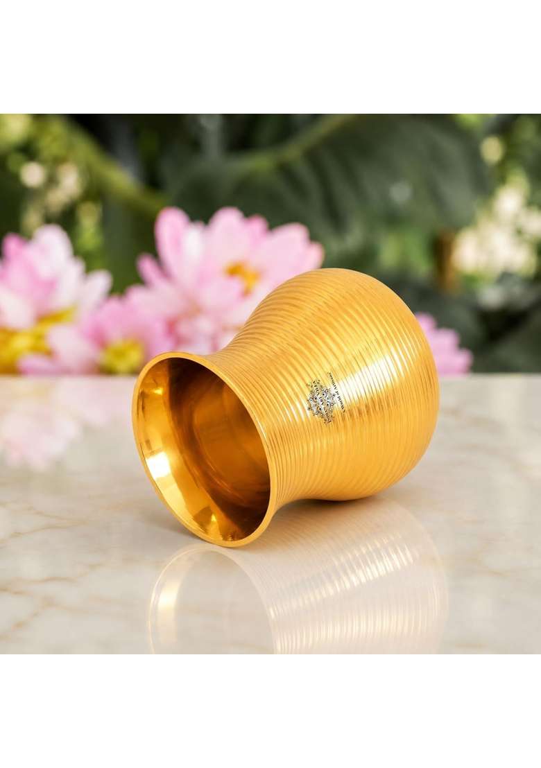 INDIAN ART VILLA Pure Brass Glass Tumbler with Curved Lining Design | 350 ml | 11.8 fl oz - Indya