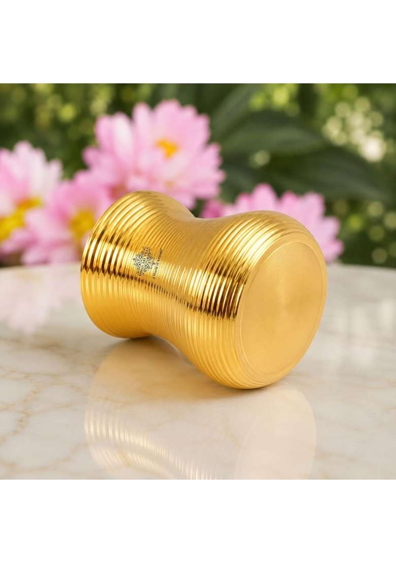 INDIAN ART VILLA Pure Brass Glass Tumbler with Curved Lining Design | 350 ml | 11.8 fl oz - Indya