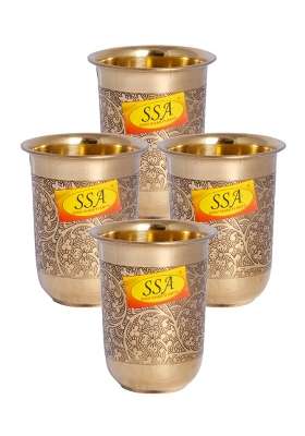 SHIV SHAKTI ARTS Pure Brass Glass Tumbler Cup | 250 ml | 8.5 fl oz | 4-Piece Set