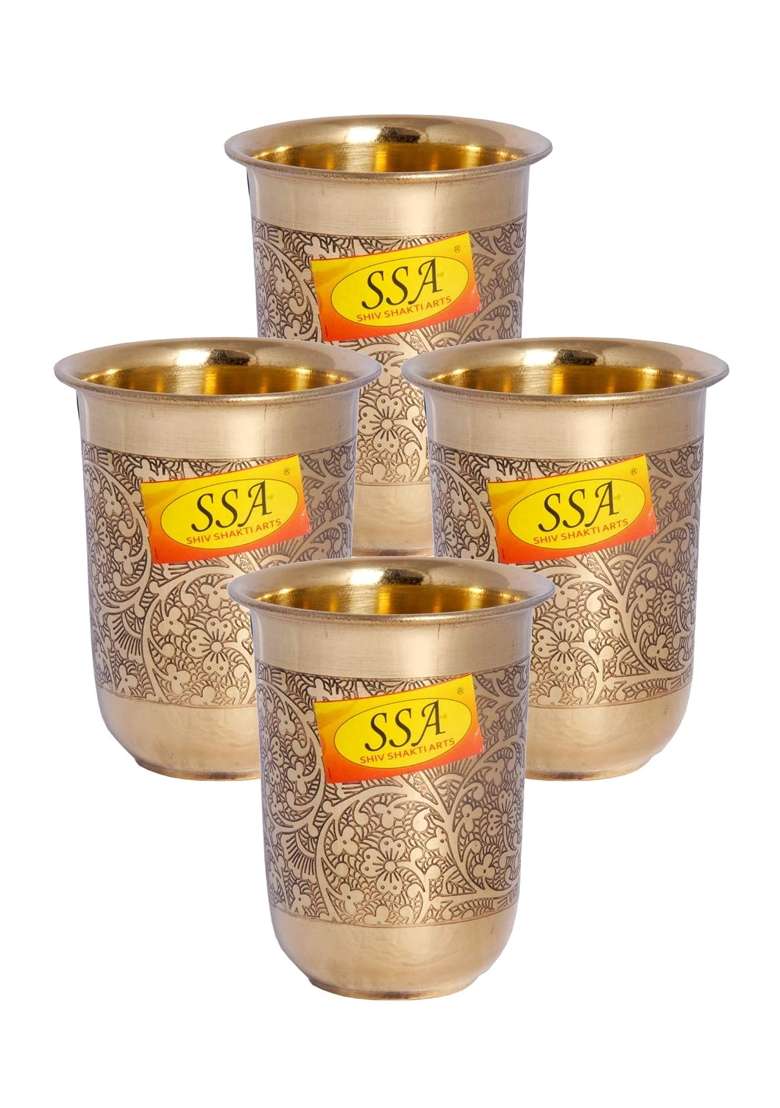 SHIV SHAKTI ARTS Pure Brass Glass Tumbler Cup | 250 ml | 8.5 fl oz | 4-Piece Set - Indya