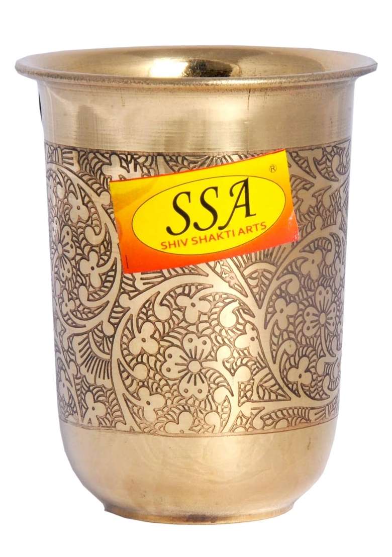 SHIV SHAKTI ARTS Pure Brass Glass Tumbler Cup | 250 ml | 8.5 fl oz | 2-Piece Set - Indya
