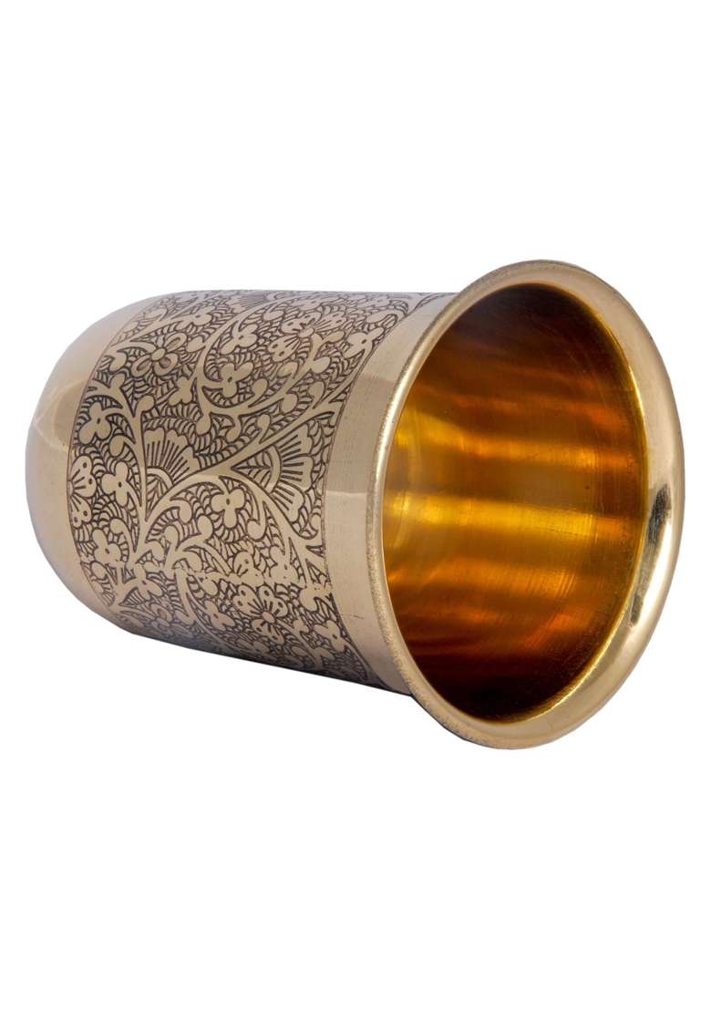 SHIV SHAKTI ARTS Pure Brass Glass Tumbler Cup | 250 ml | 8.5 fl oz | 2-Piece Set - Indya