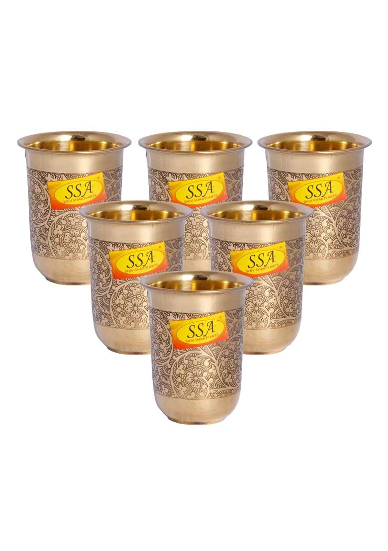 SHIV SHAKTI ARTS Pure Brass Glass Tumbler Cup | 250 ml | 8.5 fl oz | 6-Piece Set - Indya