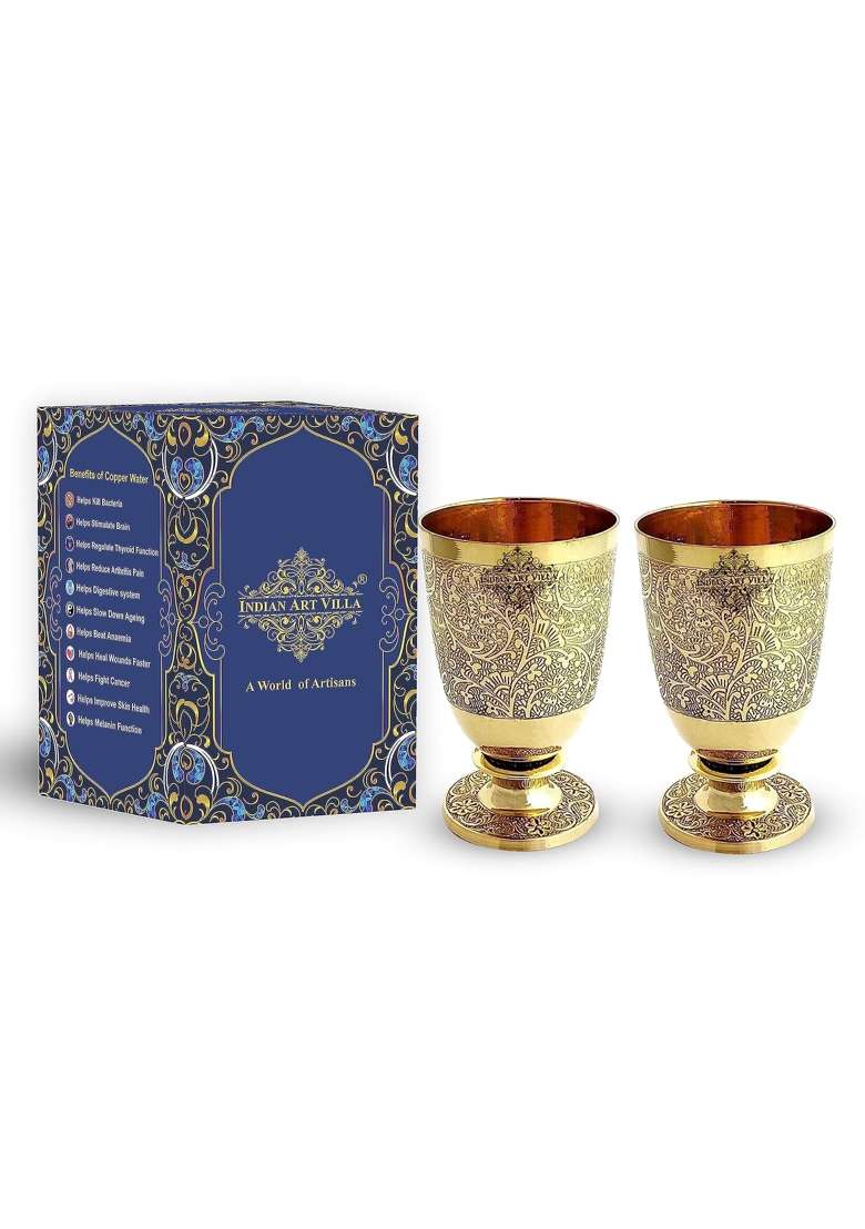 INDIAN ART VILLA Pure Brass Glass Tumbler with Goblet Design | 350 ml | 11.8 fl oz | 2-Piece Set - Indya