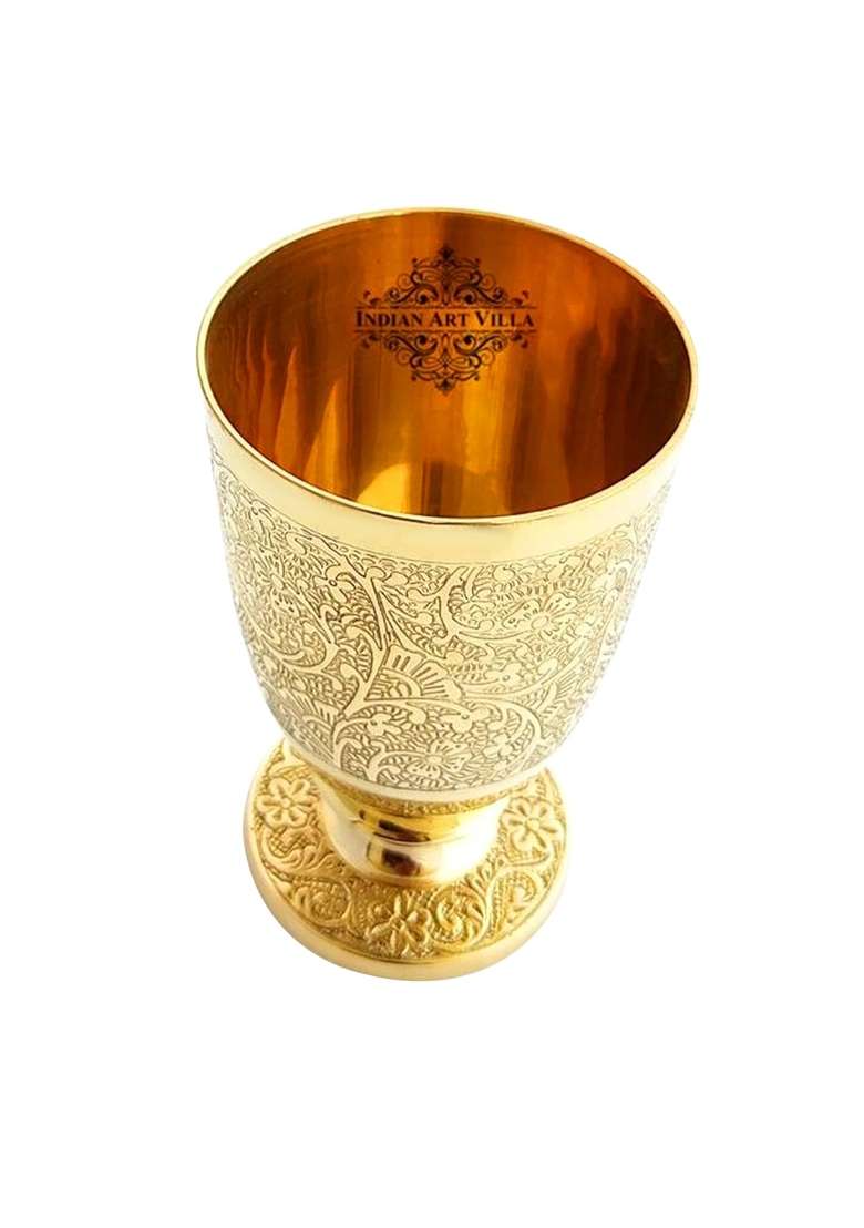 INDIAN ART VILLA Pure Brass Glass Tumbler with Goblet Design | 350 ml | 11.8 fl oz | 2-Piece Set - Indya