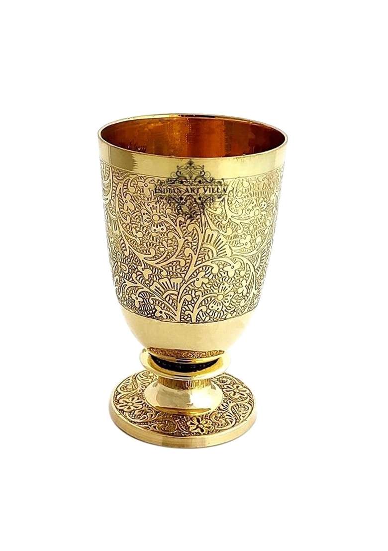 INDIAN ART VILLA Pure Brass Glass Tumbler with Goblet Design | 350 ml | 11.8 fl oz | 4-Piece Set - Indya