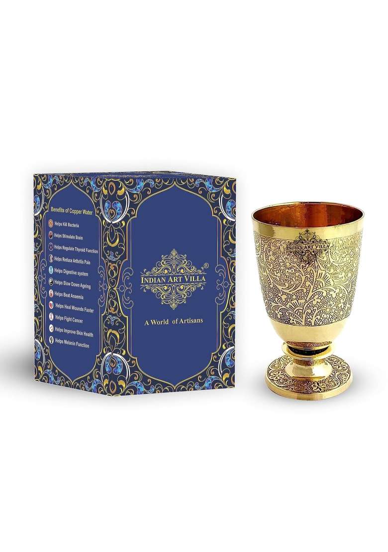 INDIAN ART VILLA Pure Brass Glass Tumbler with Goblet Design | 350 ml | 11.8 fl oz - Indya