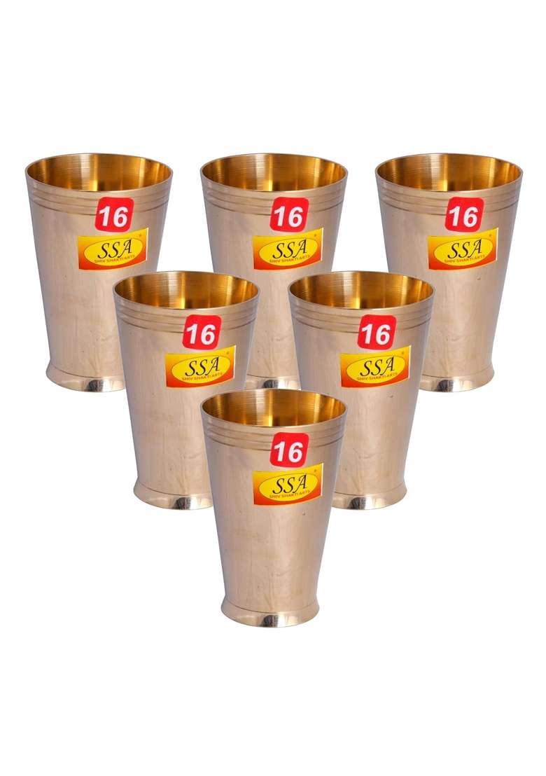 SHIV SHAKTI ARTS Pure Brass Glass Tumbler Cup for Drinking Serving Water | 350 ml | 11.8 fl oz | 6-Piece Set - Indya