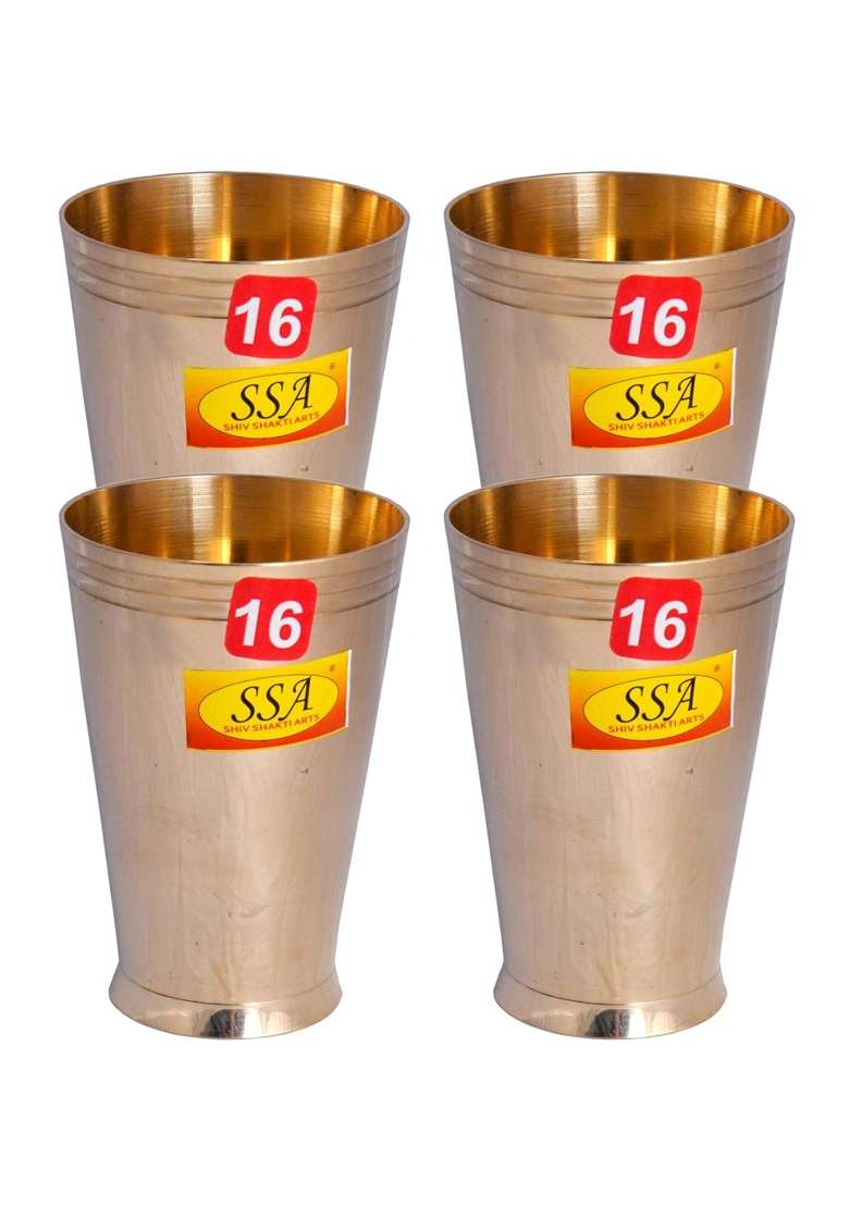 SHIV SHAKTI ARTS Pure Brass Glass Tumbler Cup for Drinking Serving Water | 350 ml | 11.8 fl oz | 4-Piece Set - Indya