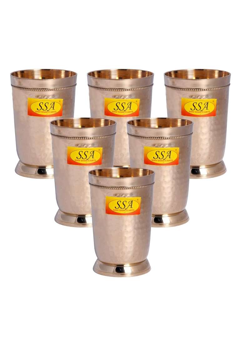 SHIV SHAKTI ARTS Pure Brass Glass Tumbler Cup | 300 ml | 10.1 fl oz | 6-Piece Set - Indya