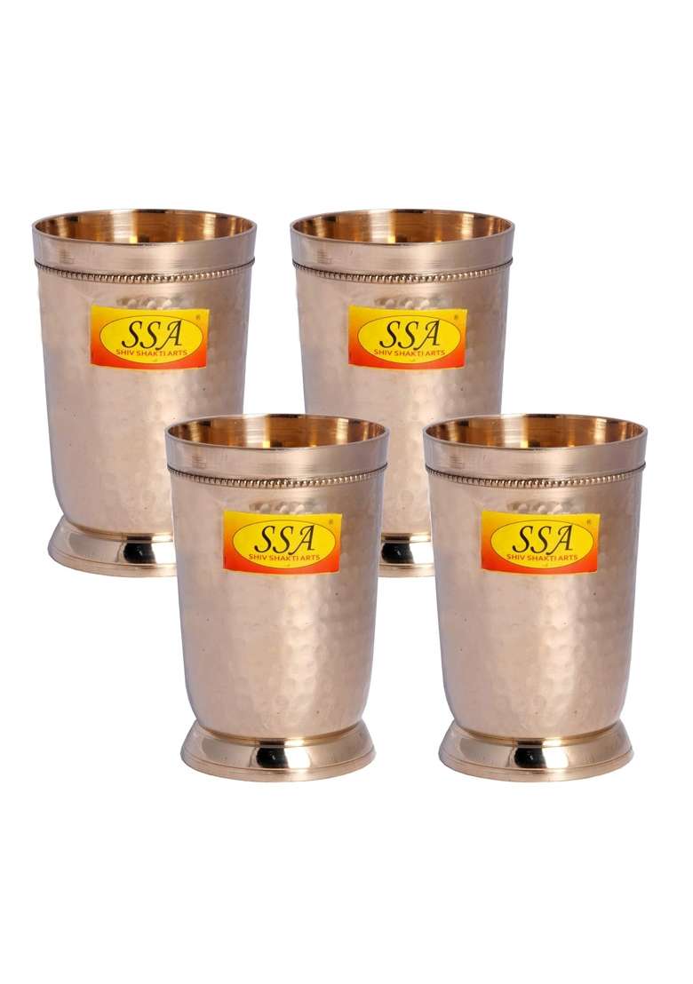 SHIV SHAKTI ARTS Pure Brass Glass Tumbler Cup | 300 ml | 10.1 fl oz | 4-Piece Set - Indya