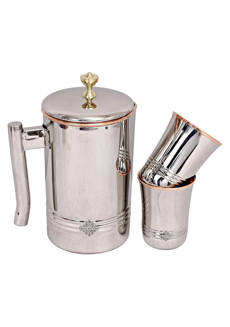 INDIAN ART VILLA Steel Copper Jug Pitcher with Brass Knob and Glass Set | 3-Piece Set - Indya