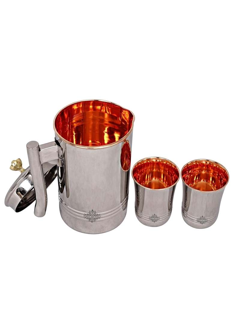 INDIAN ART VILLA Steel Copper Jug Pitcher with Brass Knob and Glass Set | 3-Piece Set - Indya