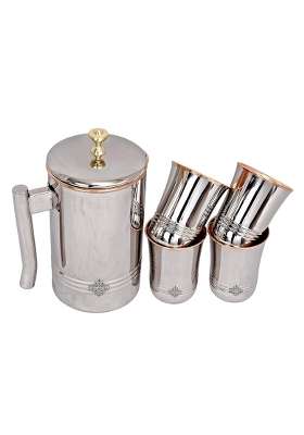 INDIAN ART VILLA Steel Copper Jug Pitcher with Brass Knob and Glass Set | 5-Piece Set