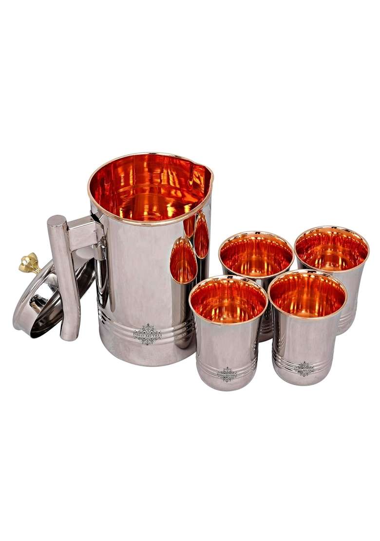 INDIAN ART VILLA Steel Copper Jug Pitcher with Brass Knob and Glass Set | 5-Piece Set - Indya
