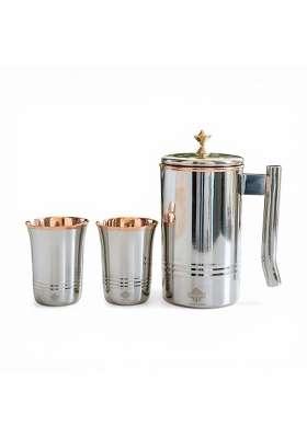 INDIAN ART VILLA Steel Copper Jug Pitcher with Brass Knob and 2 Glass | 1000 ml | 33.8 fl oz | 3-Piece Set