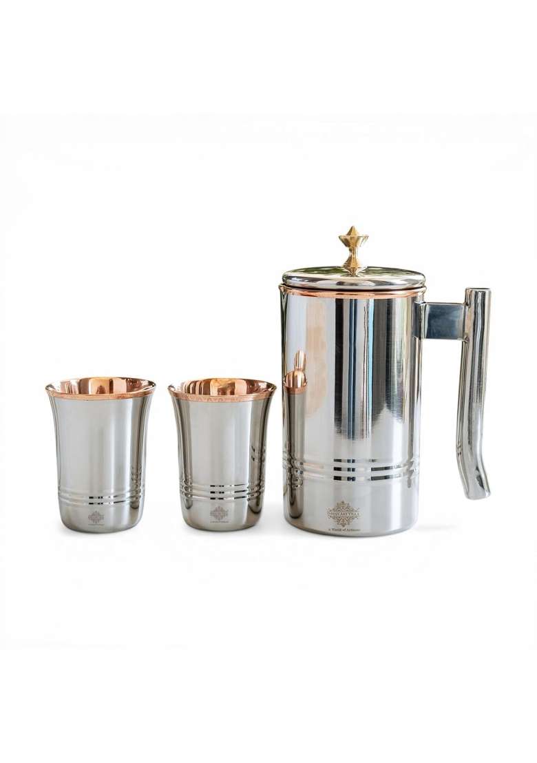 INDIAN ART VILLA Steel Copper Jug Pitcher with Brass Knob and 2 Glass | 1000 ml | 33.8 fl oz | 3-Piece Set - Indya