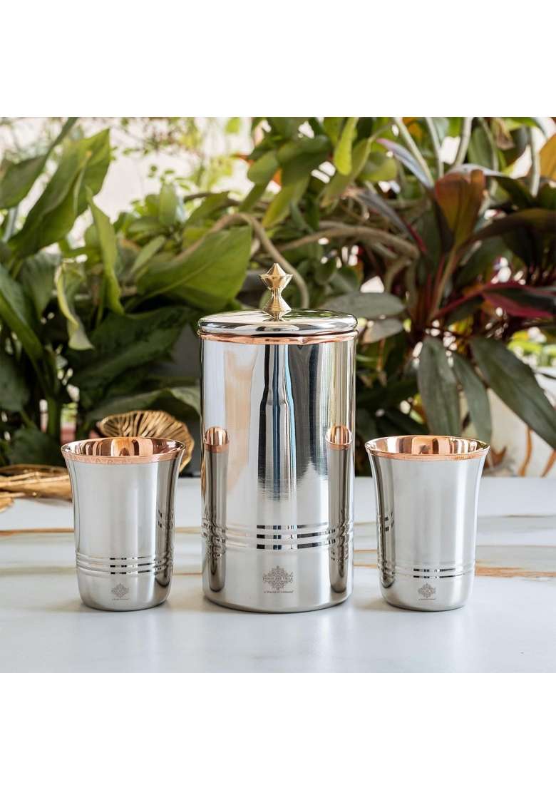 INDIAN ART VILLA Steel Copper Jug Pitcher with Brass Knob and 2 Glass | 1000 ml | 33.8 fl oz | 3-Piece Set - Indya