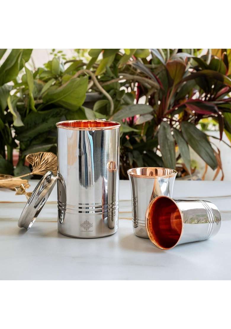 INDIAN ART VILLA Steel Copper Jug Pitcher with Brass Knob and 2 Glass | 1000 ml | 33.8 fl oz | 3-Piece Set - Indya