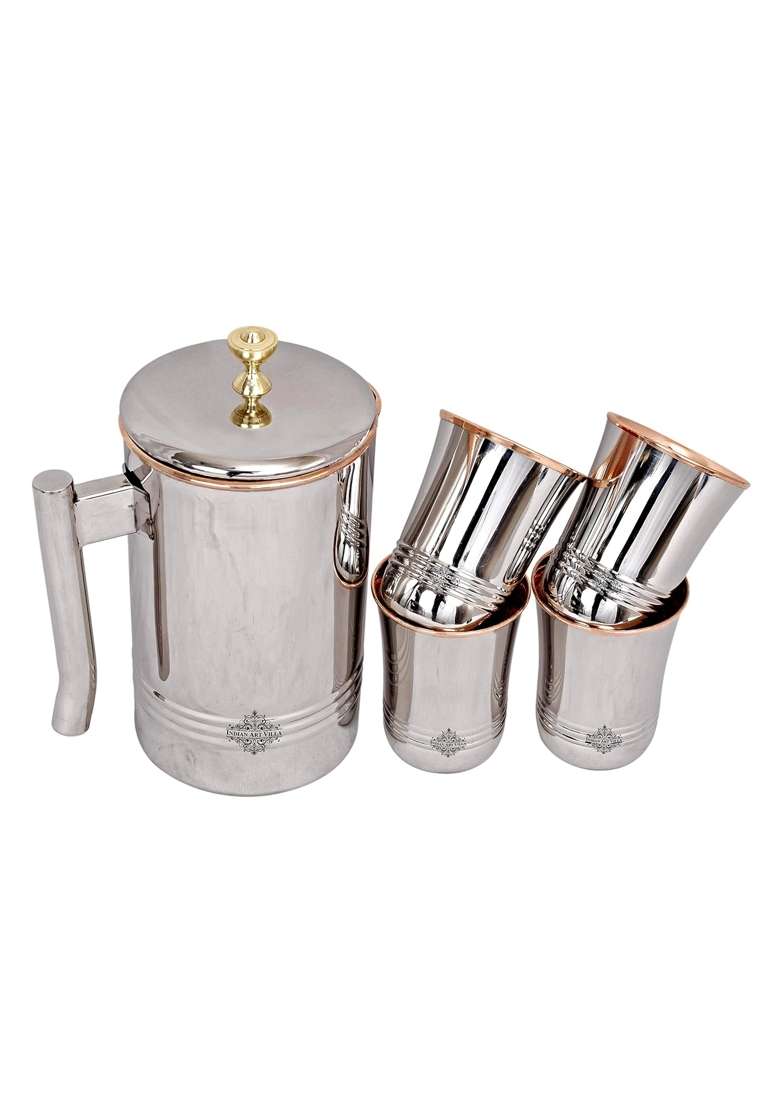 INDIAN ART VILLA Steel Copper Jug Pitcher with Brass Knob and 4 Glass | 5-Piece Set - Indya