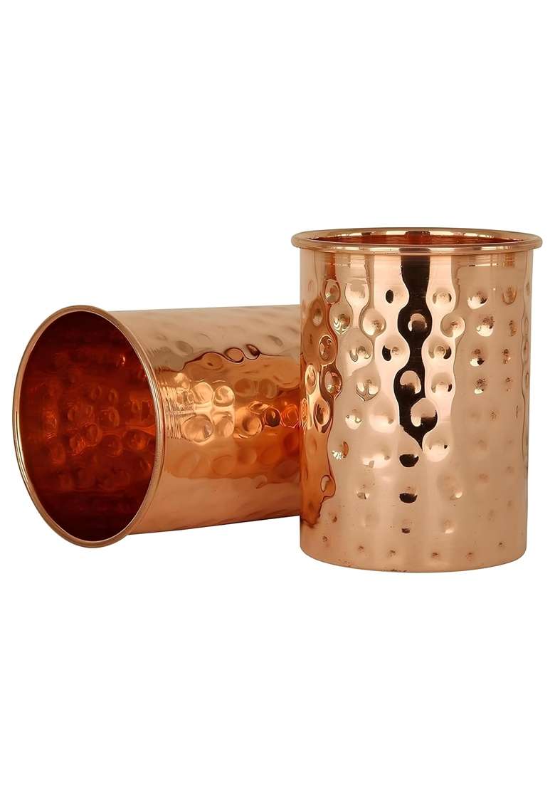 Adoko 100 Pure Copper Hammered Tumbler | 300 ml | 10.1 fl oz | 2-Piece Set | Handcrafted - Indya
