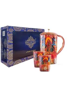 INDIAN ART VILLA Rajasthani Meena Padharo Mhare Desh Theme Copper Gift Jug and 2 Glass | 1.5 L | 1.6 Qt